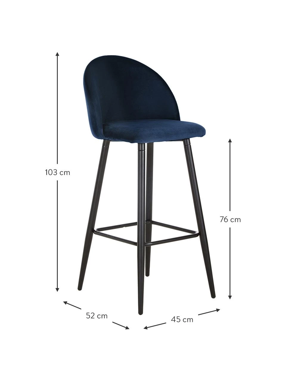 Westwing Collection Samt-Barstuhl Amy in Dunkelblau, B 45 x H 103 cm 5 Westwing Collection Samt-Barstuhl Amy in Dunkelblau, B 45 x H 103 cm – Bild 3